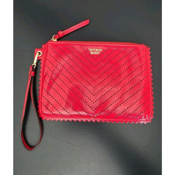 Victorias Secret Wristlet Red Clutch Purse With Closure Chevron Dot Pattern - Picture 1 of 8